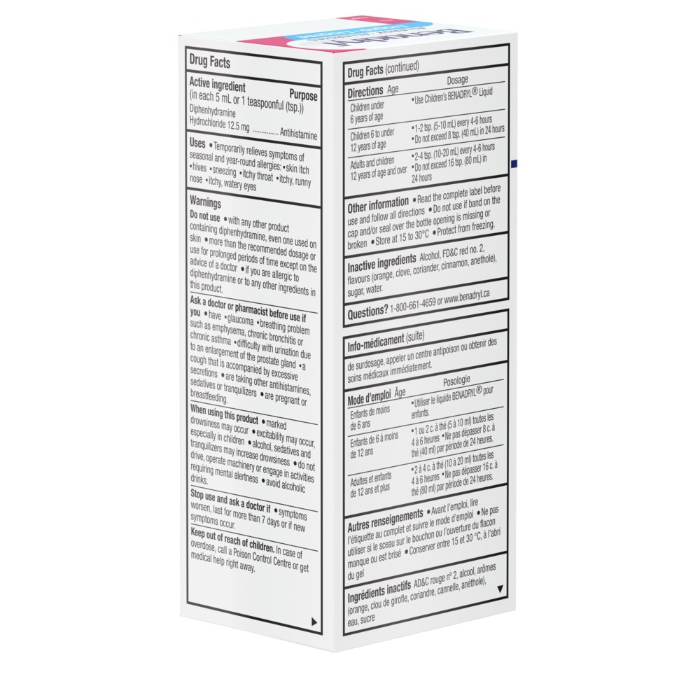 Side angle of of Benadryl's Allergy Medicine Liquid Elixir with drug facts and directions