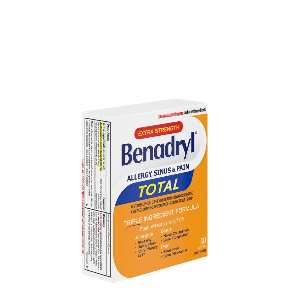 Benadryl's Extra Strength Allergy, Sinus & Pain Tablets Box, 30 count