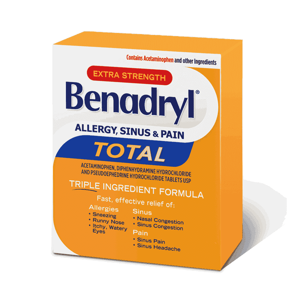 Benadryl's Extra Strength Allergy, Sinus & Pain Tablets Box