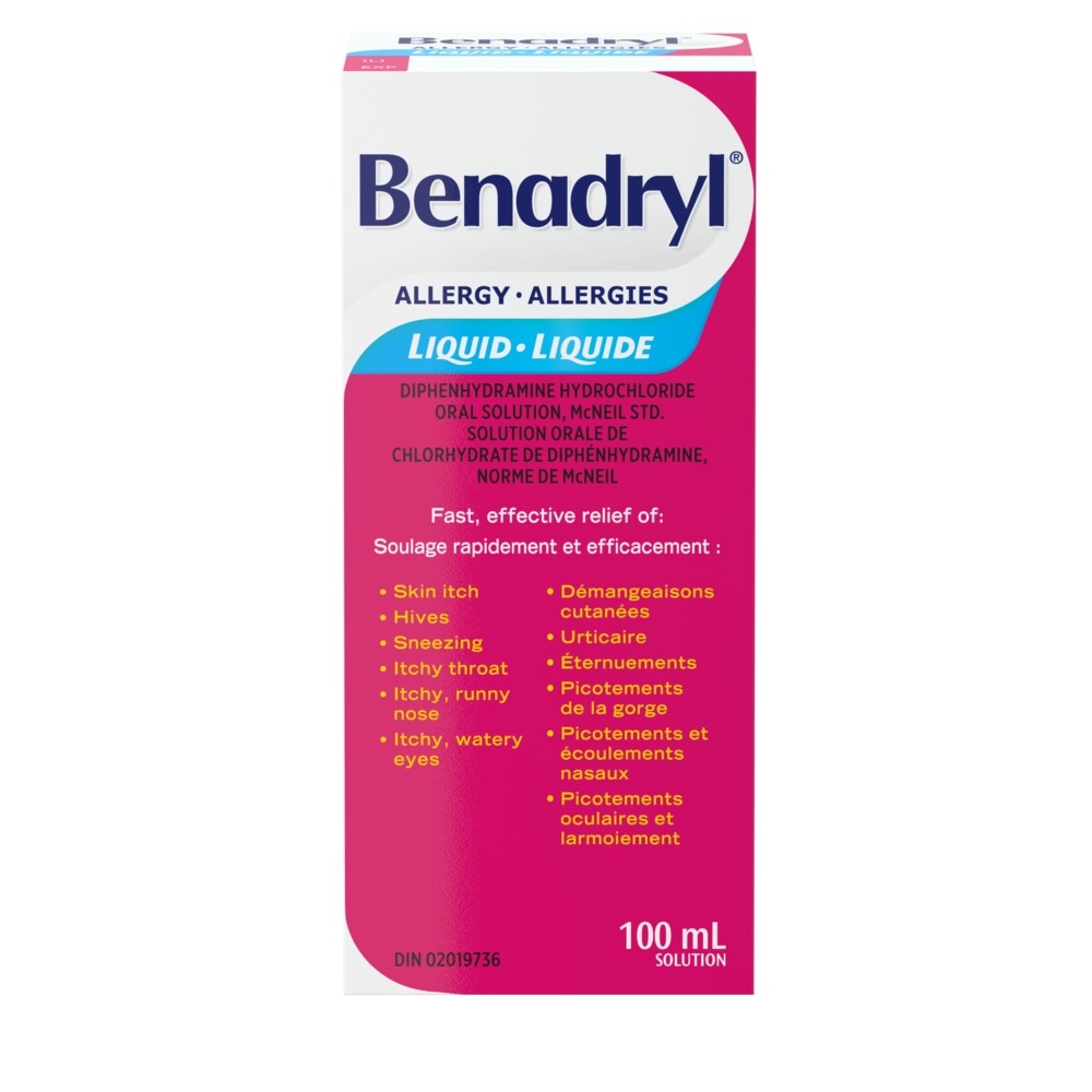 Packaging of Benadryl's Allergy Medicine Liquid Elixir Bottle, 100ml